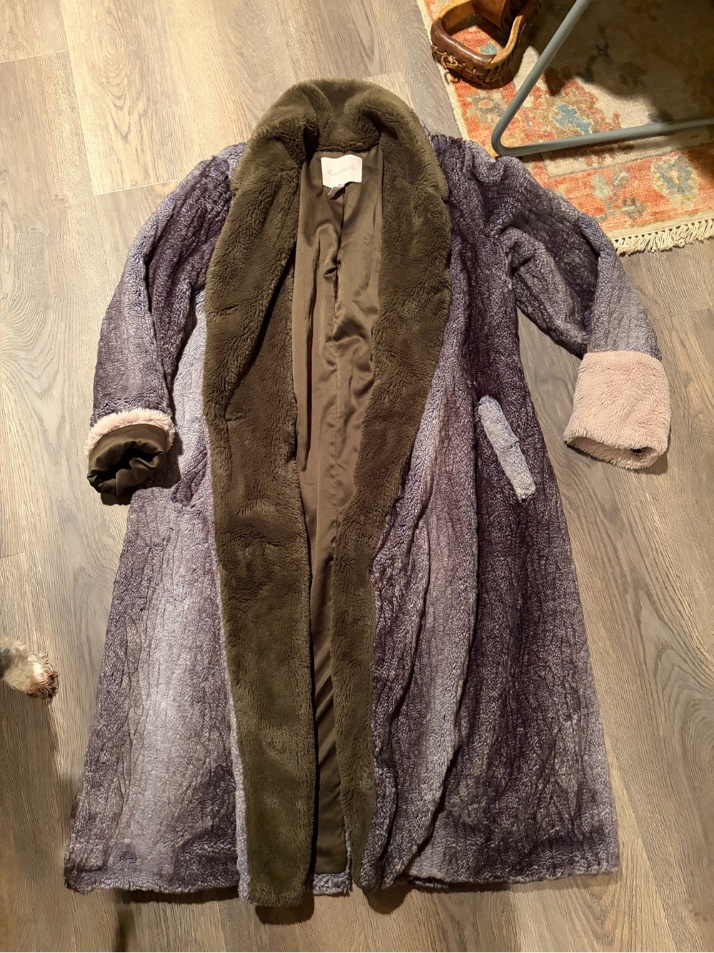 Hutch Long Teddy Coat in Gray with Olive Trim